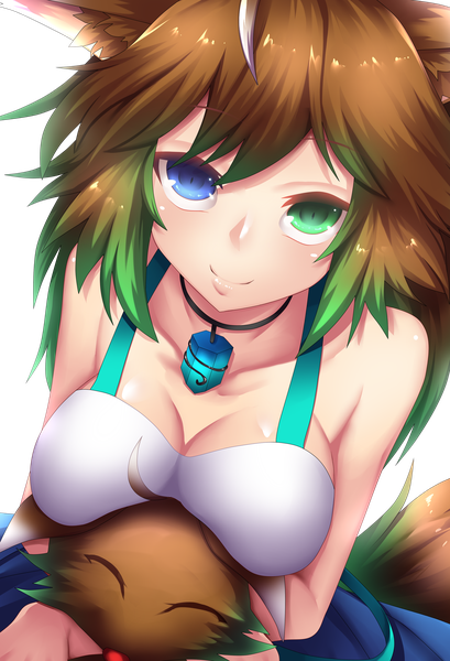 Anime picture 2330x3420 with original forbiddenimmortality single long hair tall image looking at viewer highres breasts blue eyes light erotic simple background smile brown hair bare shoulders holding green eyes animal ears cleavage tail animal tail