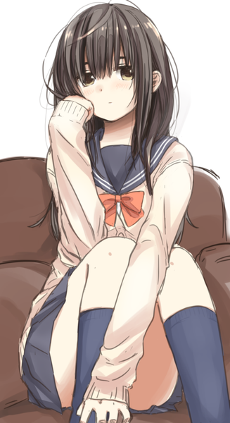 Anime picture 655x1200 with original matsuda hikari single long hair tall image looking at viewer blush simple background brown hair white background sitting brown eyes girl skirt miniskirt socks couch