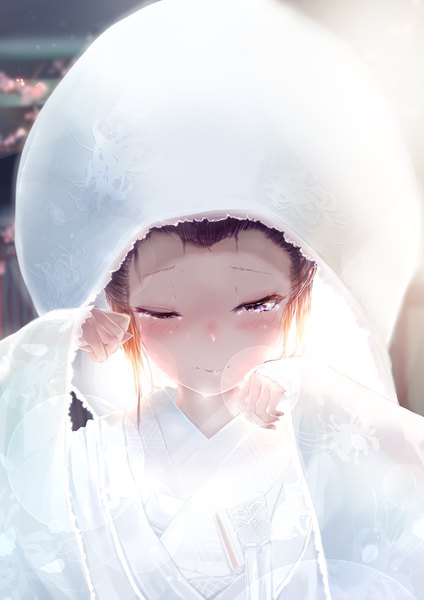 Anime picture 1000x1414 with original futoshi ame single tall image blush short hair black hair smile purple eyes upper body traditional clothes japanese clothes one eye closed sunlight wide sleeves tears lens flare sleeves past wrists girl frills