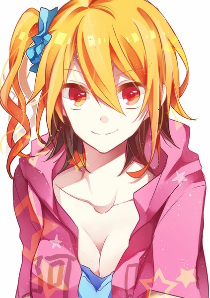 Anime picture 595x842 with kagerou project shaft (studio) kisaragi momo flywinga7 single tall image looking at viewer short hair simple background blonde hair smile red eyes white background cleavage one side up girl scrunchie hair tie