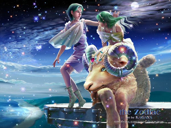 Anime picture 1600x1200 with kagaya long hair short hair multiple girls green hair realistic night night sky 3d zodiac aries (zodiac) girl 2 girls moon star (stars) fireflies sheep