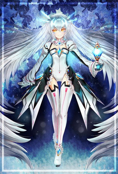 Anime picture 850x1250 with elsword eve (elsword) single long hair tall image looking at viewer blush fringe breasts smile standing holding yellow eyes cleavage white hair facial mark glowing flat chest framed body blush