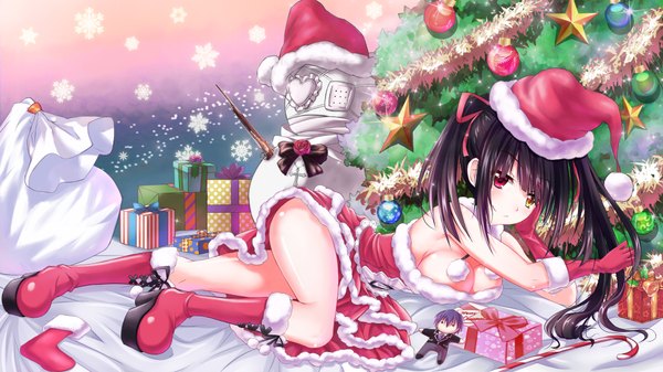 Anime picture 1920x1080 with date a live tokisaki kurumi tsubasaki single long hair looking at viewer fringe highres breasts light erotic black hair red eyes wide image twintails bare shoulders yellow eyes cleavage lying bare legs wallpaper