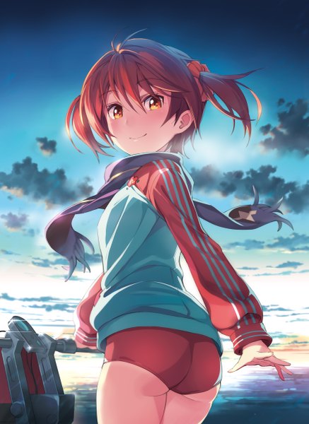 Anime-Bild 875x1200 mit vividred operation isshiki akane michairu single tall image looking at viewer blush fringe short hair light erotic brown hair standing twintails yellow eyes sky cloud (clouds) looking back wind sunlight reflection