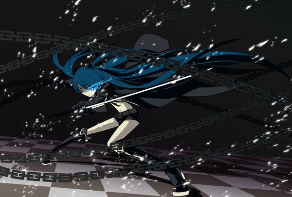 Anime picture 1647x1115 with black rock shooter black rock shooter (character) tani takeshi single looking at viewer fringe blue eyes black hair simple background twintails blue hair very long hair bare belly glowing black background glowing eye (eyes) checkered floor fighting stance girl gloves