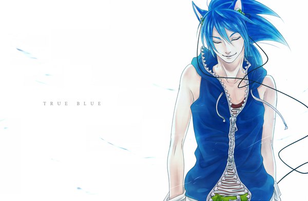 Anime picture 960x629 with sonic (series) sonic the hedgehog chico0619 single long hair fringe simple background smile hair between eyes white background animal ears payot blue hair eyes closed head tilt wind inscription sleeveless text striped