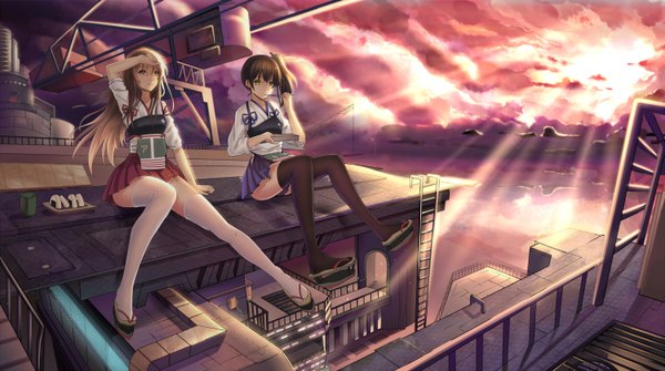 Anime picture 1500x838 with kantai collection kaga aircraft carrier akagi aircraft carrier yeluno meng long hair fringe short hair brown hair wide image sitting multiple girls brown eyes yellow eyes sky cloud (clouds) ponytail traditional clothes japanese clothes sunlight arm support