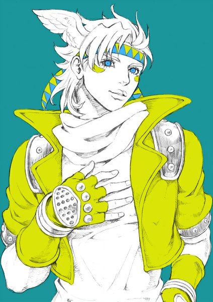 Anime picture 566x800 with jojo no kimyou na bouken caesar anthonio zeppeli chounorin single tall image looking at viewer short hair blue eyes simple background open jacket hand on hip facial mark head wings aqua background partially colored boy gloves wings jacket hairband