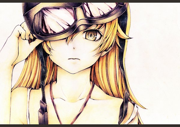 Anime picture 1024x721 with bakemonogatari oshino shinobu eventh7 single long hair looking at viewer fringe simple background blonde hair bare shoulders yellow eyes upper body arm up hair over one eye teeth fang (fangs) girl glasses goggles