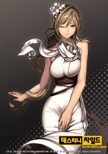 Anime picture 849x1200 with destiny child rheez (artist) single long hair tall image looking at viewer brown hair green eyes one eye closed wink grey background girl dress hair ornament