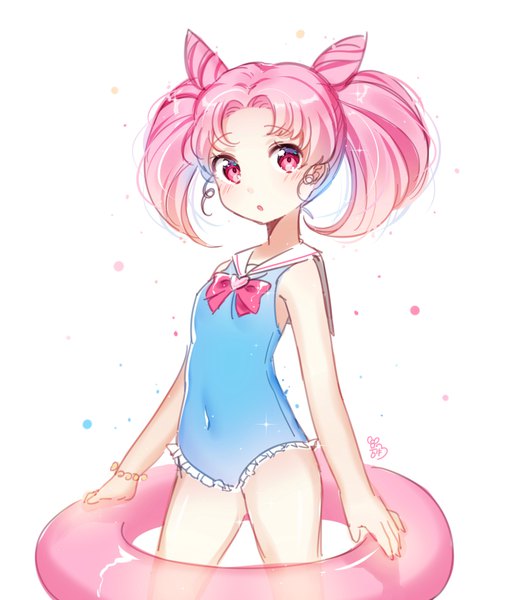 Anime picture 959x1103 with bishoujo senshi sailor moon toei animation chibiusa moong gya single tall image blush short hair light erotic white background twintails pink hair pink eyes hair bun (hair buns) turning head covered navel short twintails gradient hair girl swimsuit