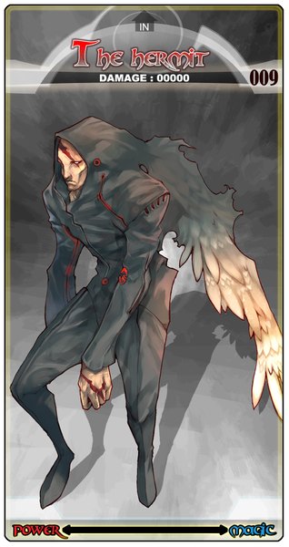 Anime picture 1100x2070 with tarot (game) ryushin single tall image looking away scar boy wings hood clothes