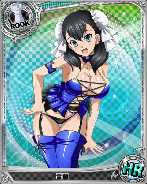 Anime picture 640x800 with highschool dxd xuelan single long hair tall image looking at viewer blush breasts open mouth blue eyes light erotic black hair cleavage hair bun (hair buns) card (medium) girl thighhighs underwear panties