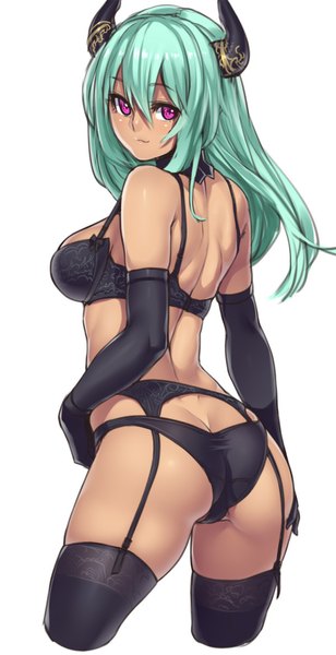 Anime picture 600x1167 with original houtengeki single long hair tall image looking at viewer blush breasts light erotic simple background smile large breasts white background purple eyes bare shoulders ass looking back horn (horns) green hair underwear only
