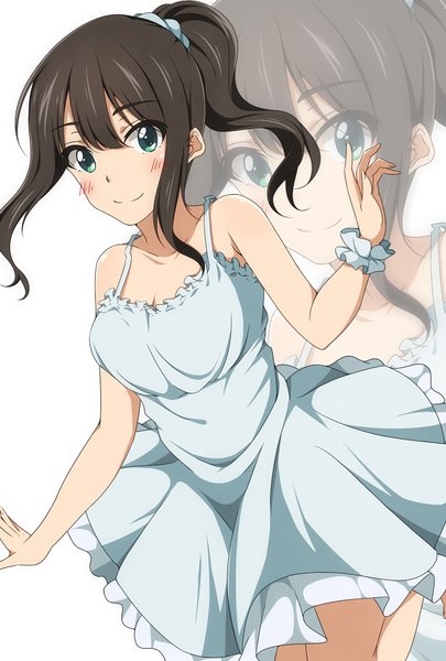 Anime picture 616x912 with idolmaster idolmaster cinderella girls shibuya rin hitotsuki nanoka single long hair tall image looking at viewer blush blue eyes black hair smile white background ponytail zoom layer girl sundress