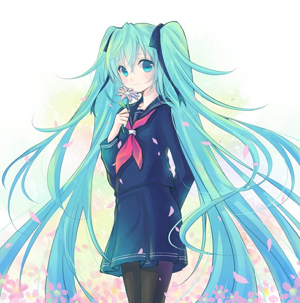 Anime picture 890x900 with vocaloid hatsune miku poshii single tall image looking at viewer blush fringe smile twintails holding very long hair aqua eyes aqua hair alternate costume girl uniform flower (flowers) ribbon (ribbons) hair ribbon