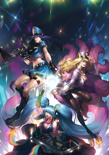 Anime picture 800x1134 with league of legends ahri (league of legends) sona buvelle caitlyn (league of legends) officer caitlyn eirashard long hair tall image looking at viewer breasts open mouth blue eyes blonde hair multiple girls animal ears yellow eyes blue hair pink hair purple hair tail