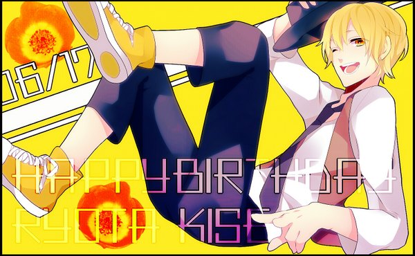 Anime picture 1500x927 with kuroko no basket production i.g kise ryouta achiki single looking at viewer short hair open mouth blonde hair wide image yellow eyes one eye closed wink inscription dated yellow background happy birthday boy flower (flowers) hat