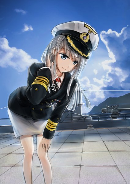 Anime picture 3840x5421 with original tc1995 single long hair tall image fringe highres blue eyes smile absurdres sky cloud (clouds) light smile grey hair sunlight adjusting hair girl skirt uniform cross