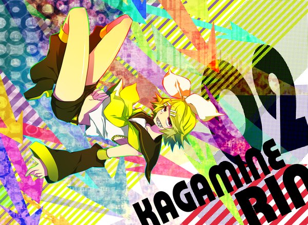 Anime picture 1500x1099 with vocaloid kagamine rin haruka (fizz) single short hair blonde hair teeth grin sharp teeth crazy girl hair ornament bow hair bow detached sleeves shorts sailor suit hairpin (hairpins)