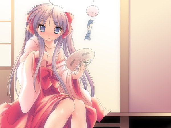 Anime picture 1600x1200 with lucky star kyoto animation hiiragi kagami namamo nanase single long hair looking at viewer blush blue eyes light erotic sitting bare shoulders traditional clothes japanese clothes miko girl hair ornament bow ribbon (ribbons) hair bow