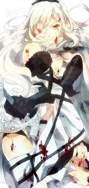 Anime picture 500x1053 with drakengard zero (drag-on dragoon) toa (sarara23) single long hair tall image looking at viewer smile red eyes bare shoulders silver hair flower over eye girl flower (flowers) weapon detached sleeves sword armor blood cape