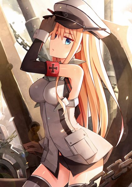 Anime picture 1240x1754 with kantai collection bismarck battleship mmrailgun single long hair tall image looking at viewer fringe breasts blue eyes light erotic standing holding profile girl gloves underwear panties detached sleeves chain