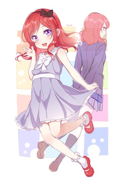 Anime picture 613x900 with love live! school idol project sunrise (studio) love live! nishikino maki mery (yangmalgage) long hair tall image looking at viewer blush open mouth purple eyes signed full body bent knee (knees) red hair hands behind back dual persona alternate age younger girl