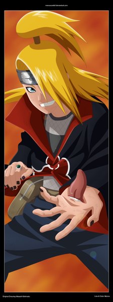 Anime picture 1300x3466 with naruto studio pierrot naruto (series) deidara eroishi single long hair tall image fringe blue eyes blonde hair smile ponytail nail polish hair over one eye grin coloring framed akatsuki boy