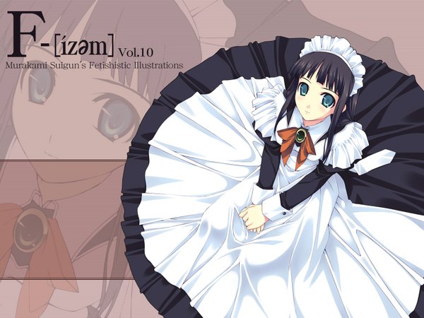 Anime picture 1600x1200 with original f-ism murakami suigun single long hair fringe highres blue eyes black hair sitting green eyes blunt bangs light smile from above maid looking up zoom layer girl dress uniform
