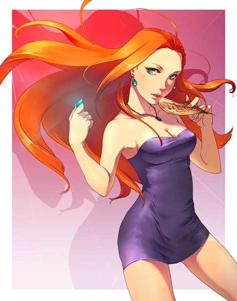 Anime picture 788x1000 with ghost sweeper mikami mikami reiko null (chronix) single long hair tall image breasts bare shoulders green eyes cleavage orange hair gradient background girl dress earrings jewelry short dress necklace purple dress