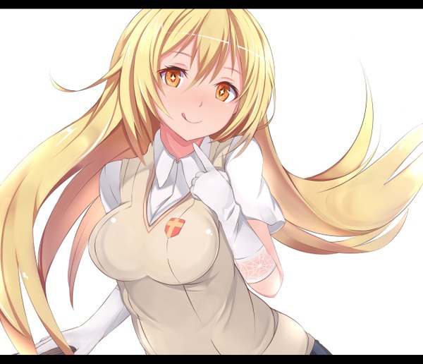 Anime picture 1300x1119 with to aru kagaku no railgun to aru majutsu no index j.c. staff shokuhou misaki nora (gurimu000) single long hair blush blonde hair simple background white background orange eyes :p + + girl gloves uniform school uniform