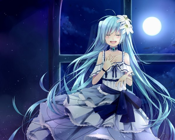 Anime picture 2000x1600 with vocaloid hatsune miku highres blue hair eyes closed hair flower night singing girl dress hair ornament flower (flowers) moon collar