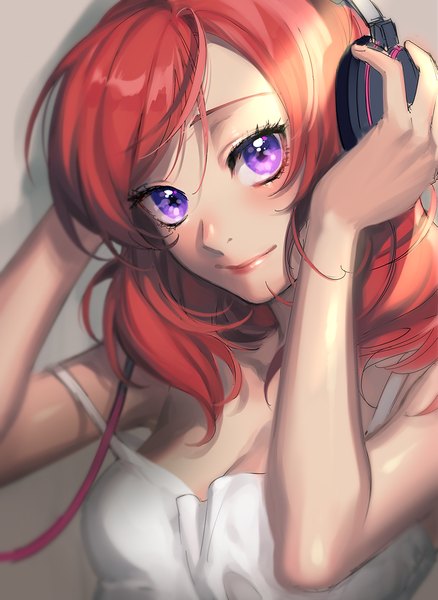 Anime picture 800x1095 with love live! school idol project sunrise (studio) love live! nishikino maki chlfl05 single tall image looking at viewer blush fringe short hair breasts simple background smile purple eyes cleavage upper body red hair lips off shoulder