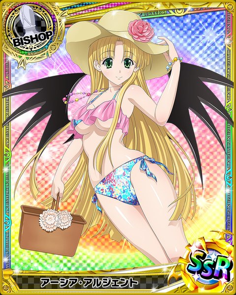 Anime picture 640x800 with highschool dxd asia argento single long hair tall image looking at viewer breasts light erotic blonde hair green eyes card (medium) girl flower (flowers) swimsuit hat bikini wings beads