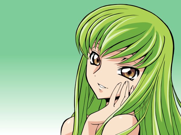 Anime picture 1600x1200 with code geass sunrise (studio) c.c. single long hair looking at viewer smile bare shoulders yellow eyes green hair light smile close-up face vector green background girl