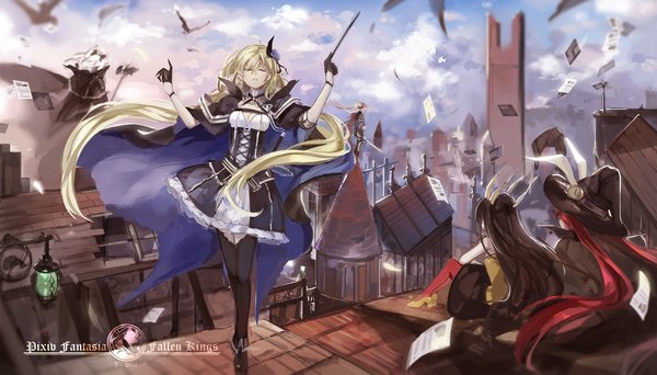 Anime picture 3000x1714 with original pixiv fantasia pixiv fantasia fallen kings saberiii long hair fringe highres breasts open mouth black hair blonde hair hair between eyes wide image standing sitting twintails bare shoulders multiple girls signed sky