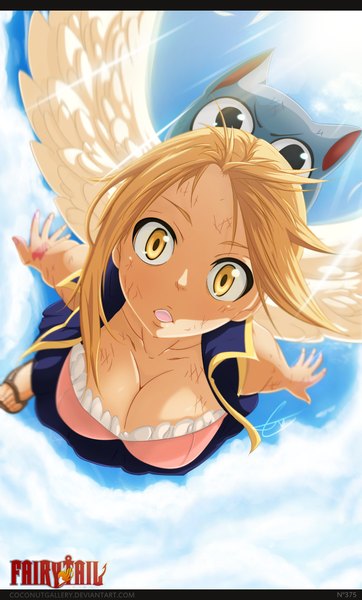 Anime picture 1024x1696 with fairy tail lucy heartfilia happy (fairy tail) coconutgallery long hair tall image breasts open mouth light erotic blonde hair large breasts yellow eyes sky cloud (clouds) black eyes sunlight inscription tattoo coloring letterboxed