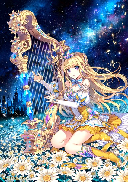 Anime picture 848x1200 with original nardack single long hair tall image blonde hair purple eyes bare shoulders night sparkle playing instrument girl dress flower (flowers) petals star (stars) musical instrument harp