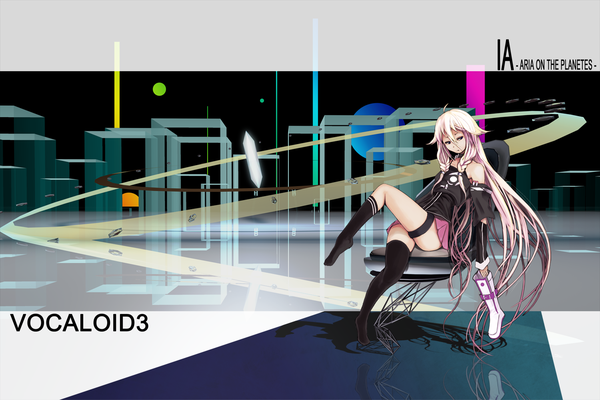 Anime picture 1500x1000 with vocaloid ia (vocaloid) single fringe blonde hair sitting bare shoulders looking away braid (braids) very long hair twin braids crossed legs reflection girl skirt miniskirt socks boots thigh boots chair