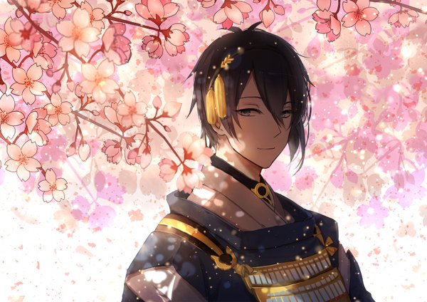 Anime picture 1500x1060 with touken ranbu nitroplus mikazuki munechika ametani single looking at viewer short hair black hair traditional clothes japanese clothes light smile grey eyes cherry blossoms spring boy hair ornament plant (plants) tree (trees)