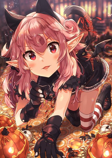 Anime picture 849x1200 with original recri (narumi arata) narumi arata single long hair tall image looking at viewer blush fringe open mouth hair between eyes red eyes animal ears pink hair tail head tilt animal tail pointy ears blurry cat ears