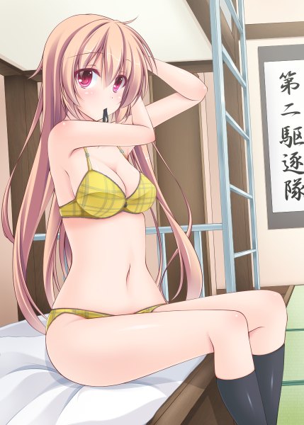 Anime picture 858x1200 with kantai collection murasame destroyer wata (akawata) single tall image looking at viewer blush fringe breasts light erotic brown hair sitting holding pink eyes underwear only mouth hold adjusting hair plaid tying hair adjusting clothes