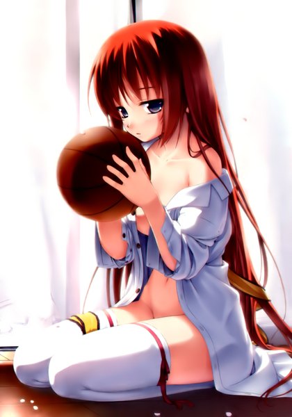 Anime picture 1400x2000 with real imouto ga iru ooizumi-kun no baai ooizumi shiori kazami haruki single long hair tall image looking at viewer light erotic sitting bare shoulders red hair open clothes open shirt bottomless basketball overfiltered girl thighhighs navel ribbon (ribbons)