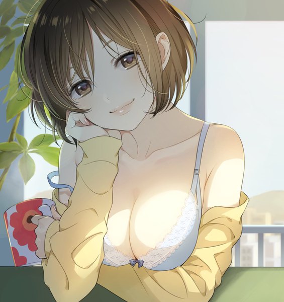 Anime picture 1081x1148 with original morikura en single tall image looking at viewer blush fringe short hair breasts light erotic brown hair large breasts bare shoulders holding brown eyes upper body long sleeves head tilt fingernails lips