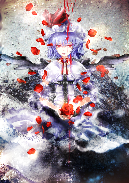 Anime picture 930x1316 with touhou remilia scarlet renon (tenle) single tall image short hair open mouth red eyes purple hair nail polish girl dress flower (flowers) petals wings rose (roses) blood bonnet