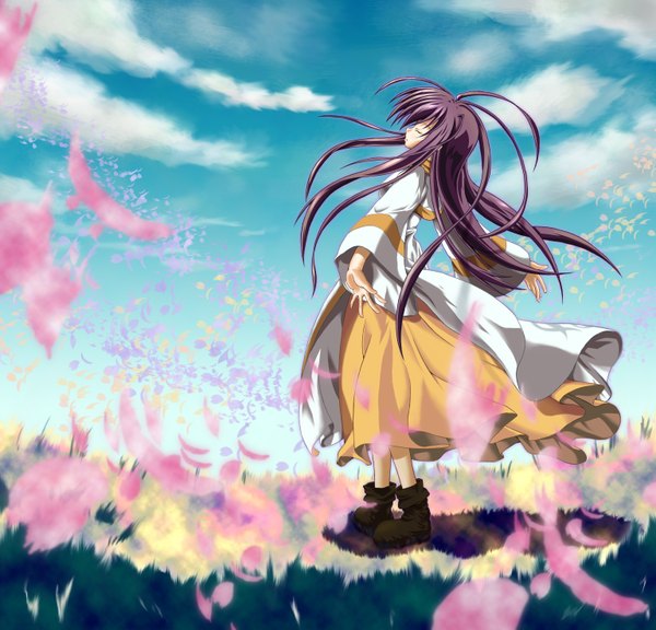 Anime picture 3071x2953 with original jun (noiji guren 0220) single long hair highres absurdres sky purple hair cloud (clouds) eyes closed girl dress petals boots