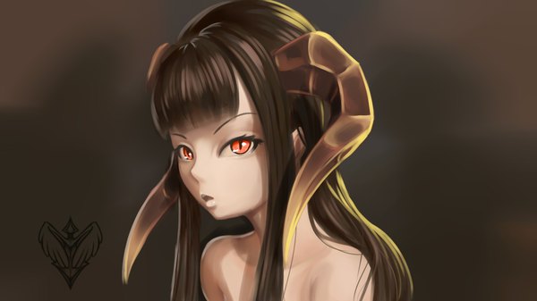 Anime picture 1920x1080 with forgotten-wings single long hair looking at viewer highres black hair red eyes wide image horn (horns) dark background demon girl girl
