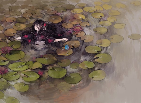 Anime picture 1300x951 with original nekosuke (jet) single long hair open mouth black hair looking away traditional clothes japanese clothes hair flower grey eyes girl hair ornament flower (flowers) water kimono water lily