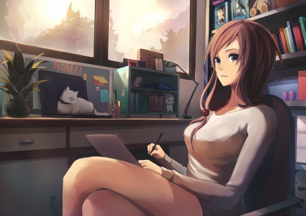Anime picture 1200x848 with fuka (artist) single long hair brown hair brown eyes looking away crossed legs girl flower (flowers) animal book (books) cat toy stuffed animal table armchair room computer